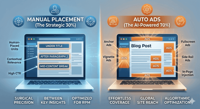 Infographic comparing AdSense Auto Ads vs Manual Units 2026 performance and strategic ad placement for high RPM.
