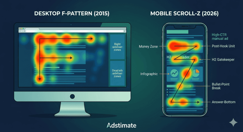 Website heatmap illustration showing high-CTR click zones and the modern 'Scroll-Z' reading pattern for 2026 ad placement.