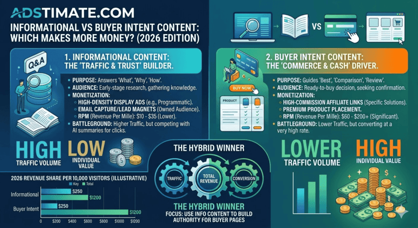Comparison of informational vs buyer intent content revenue — showing why high intent keywords earn disproportionately more for bloggers and publishers in 2026.