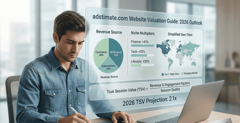 Visual guide to website traffic valuation in 2026 — showing niche multipliers, geographic tiers, and the True Session Value formula for publishers.